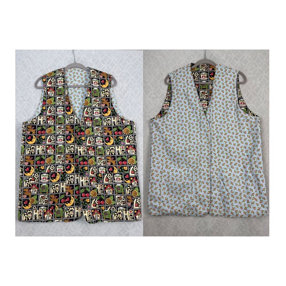 Vtg Handmade Reversible Vest Womens 1X/2X Pockets Floral Moon Cottage Grandma